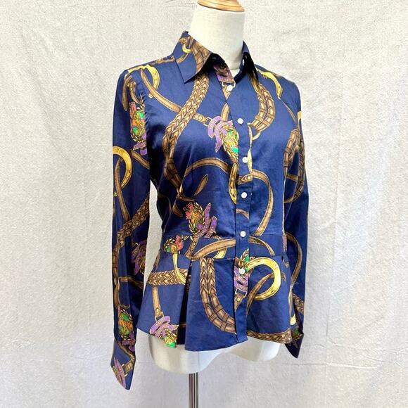 Lauren Ralph Lauren navy equestrian horse bit  button up peplum shirt size 4 - Picture 1 of 16